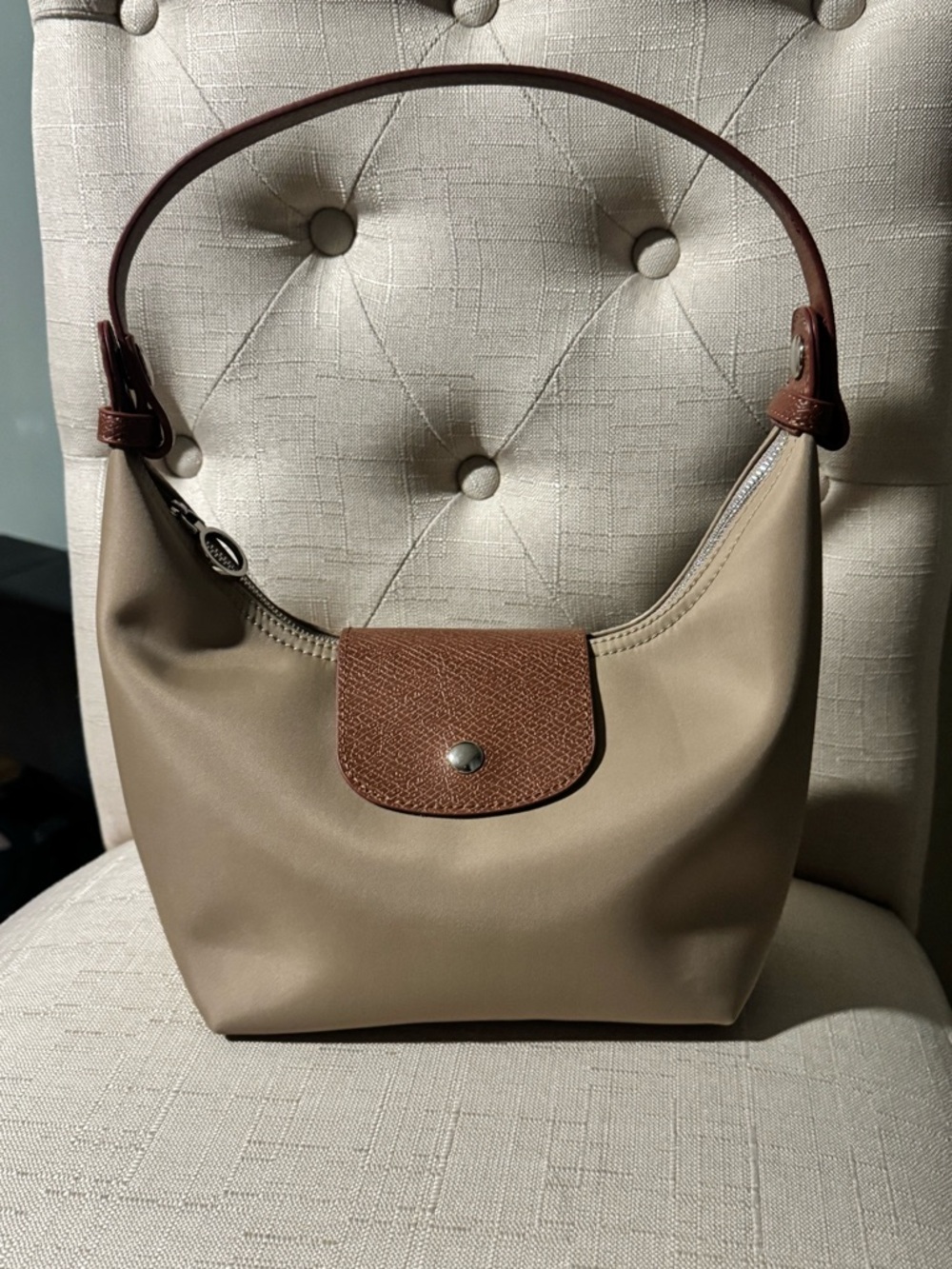 Convertible Taupe and Brown nylon fashion crescent bag w/ adjustable straps